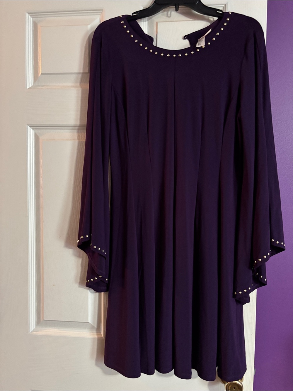 Emma & Michele Deep Purple Stud-Trim Long Sleeve Swing Dress